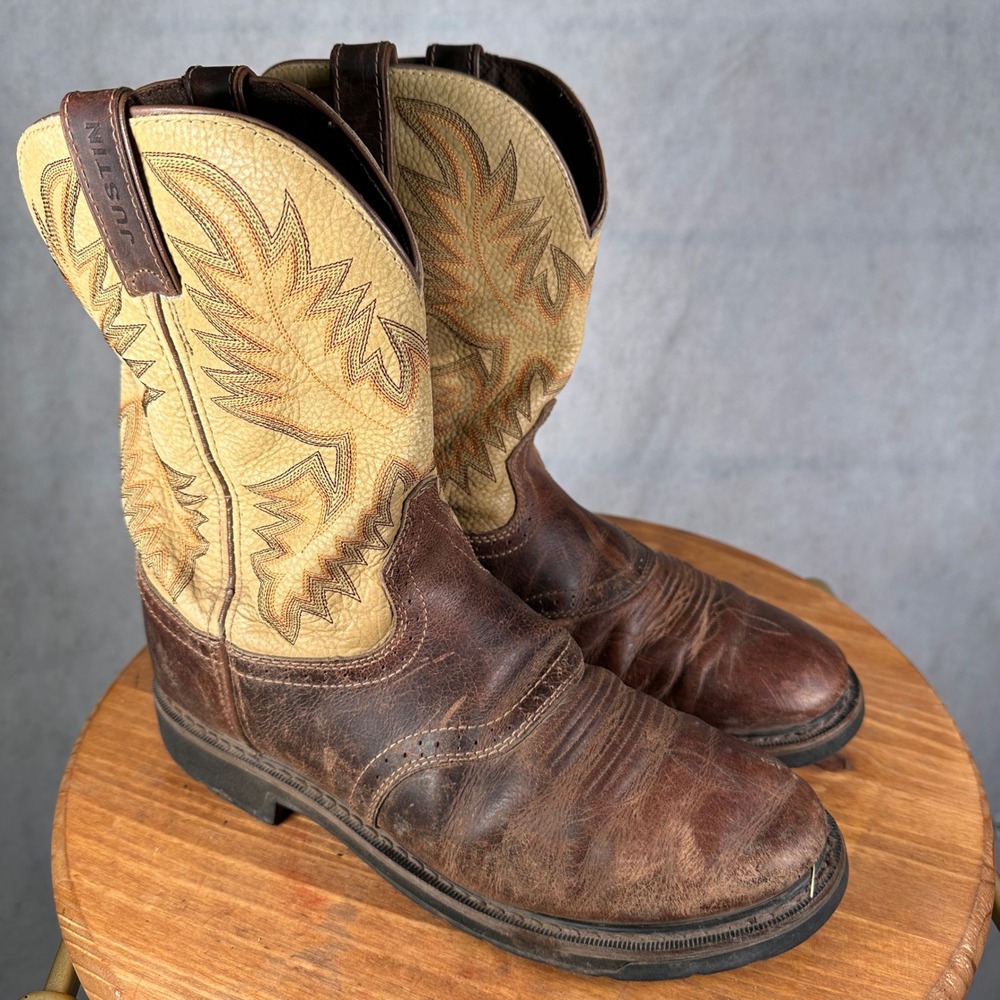 Justin Work Boots Mens 12EE Brown Leather Good WK4660 Western Square Toe - Picture 3 of 13